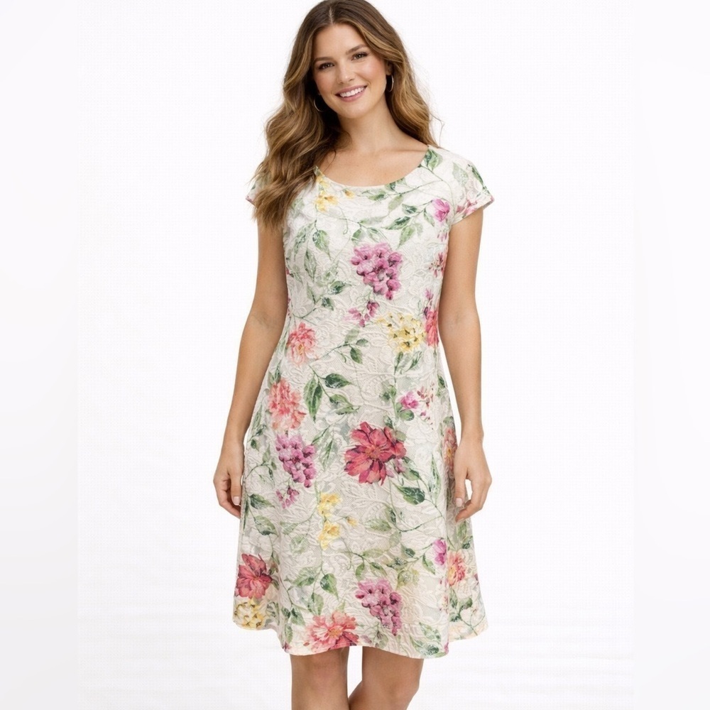Sandra Darren Floral Lace Sheath Dress Size 10 Cap Sleeve White Purple